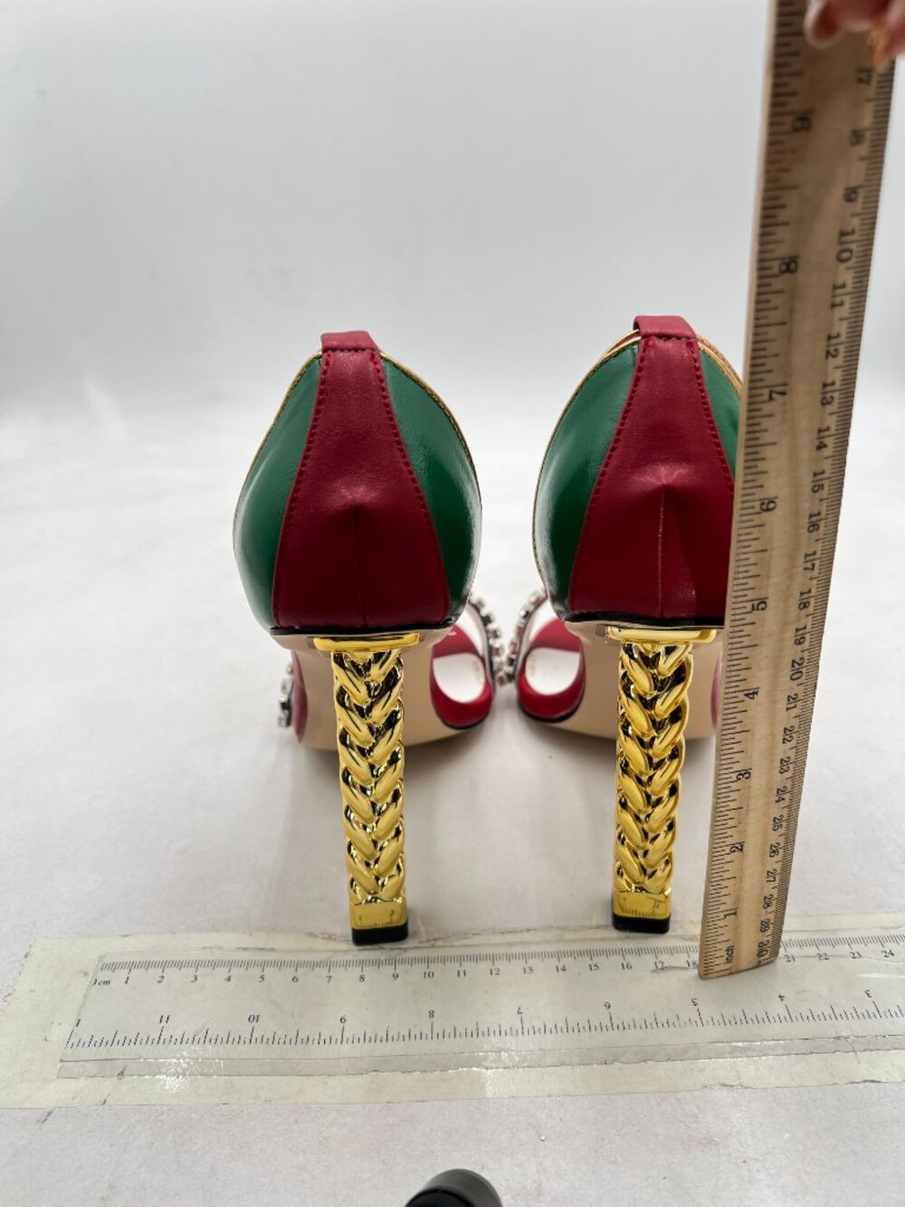 FSJ Red Green Gold Metal Chain Chunky High Heels Ankle Strap Open Toe Sandals - Picture 5 of 8